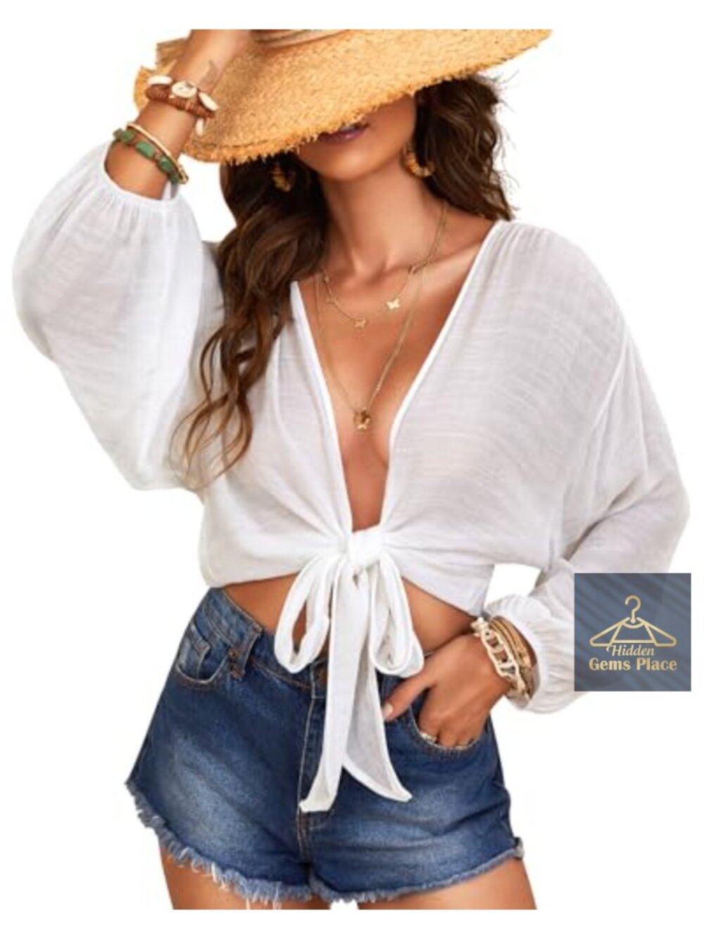 Women's Long Sleeve Self-Tie Swimwear Cover Up Tunic Top Soft Beach Shirt